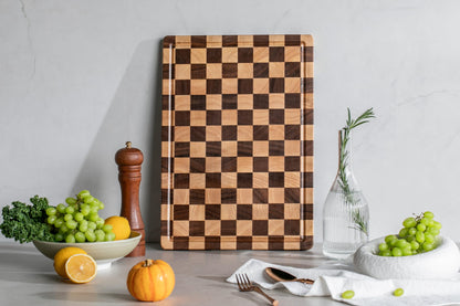 THETCHRY Cutting Boards for Kitchen, Design in USA Large Acacia Wood Chopping Board, Checkered Cutting Board with Juice Grooves & Handles, Butcher Block Serving Tray with Gift Box 16.5" x 11.6" x 0.8"