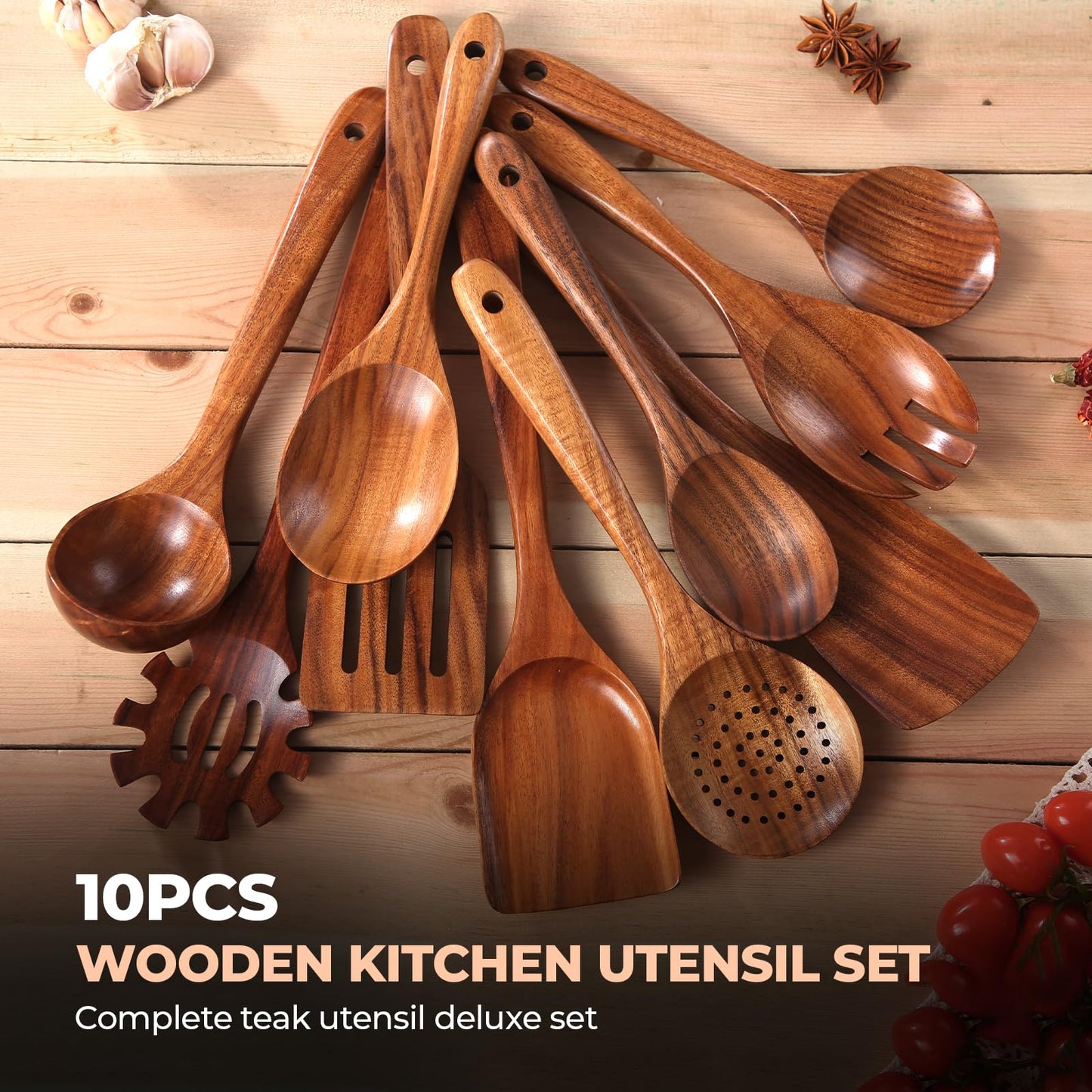 AIUHI Teak Wooden Utensil Set of 10, Wooden Utensils for Cooking, Non Stick Kitchen Spatula Set for Cooking, Serving