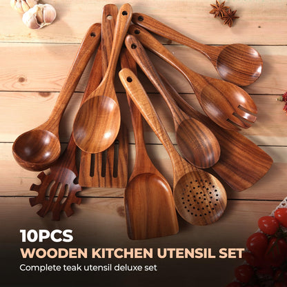 AIUHI Teak Wooden Utensil Set of 10, Wooden Utensils for Cooking, Non Stick Kitchen Spatula Set for Cooking, Serving