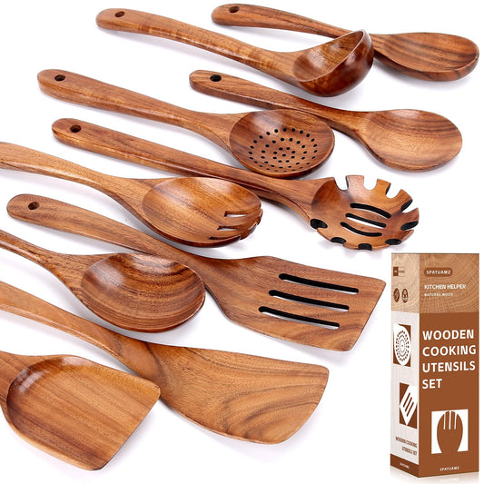 SPATUAMZ Teak Wood Spoons for Cooking, Elegant Wooden Cooking Set of 10, Excellent Kitchen Cooking Utensils Set for Home