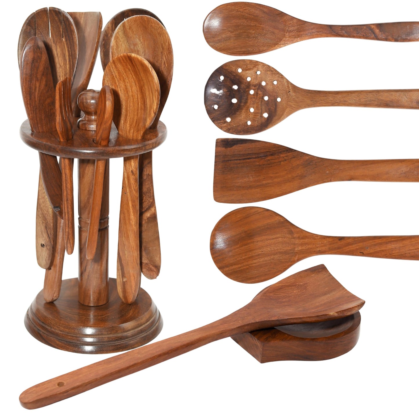 Wooden Cooking Spoons – 8 Pcs Teak & Acacia Wood Kitchen Utensil Set with Rotating Holder, Spatulas, Salad Fork, Skimmer, Spoon Rest, Wooden Knife – Nonstick, Heat-Resistant, Natural Utensils