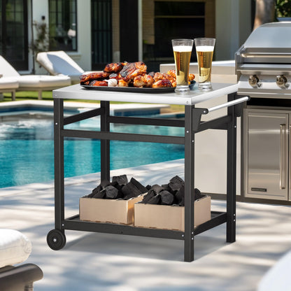 TORVA Outdoor Prep Grill Carts, 303 Stainless Steel Tabletop with High Load Capacity Portable BBQ Table, HDPE Durable Frame 2-Tier Storage Cart, Black