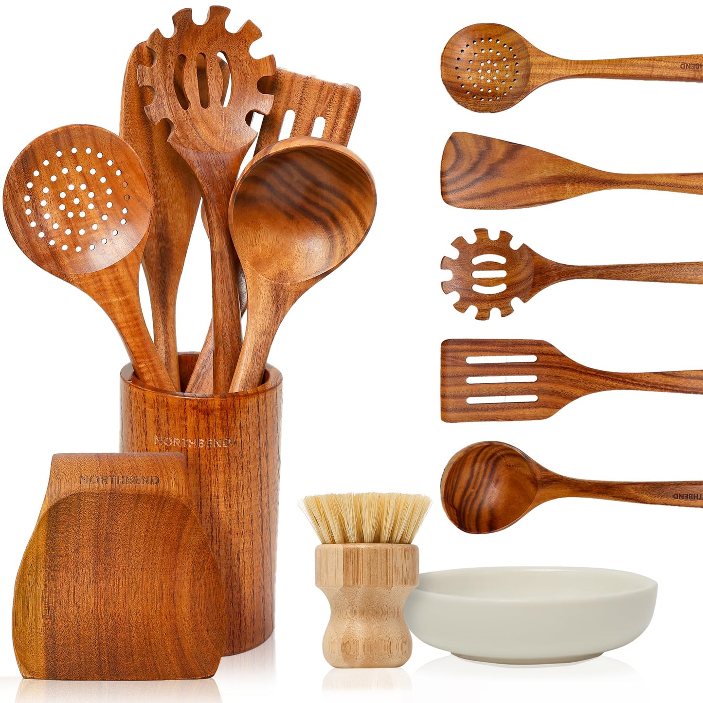 Wooden Kitchen Utensil Set - Teak Wood Cooking Utensil Sets Include Wooden Utensil Holder, Wooden Spatula, Spaghetti Spoon, Cleaning Brush & More - Durable Heat Resistant Wood Utensils Set for Cooking