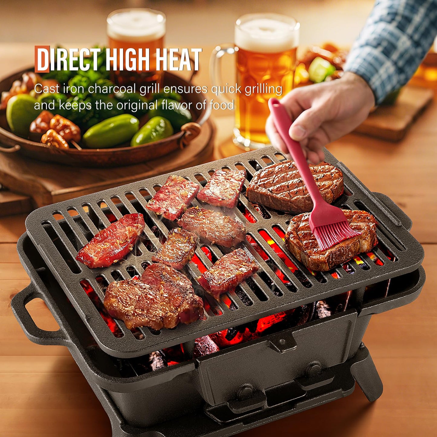 Hibachi Grill Outdoor, Portable Mini Charcoal Grill, 100% Pre-Seasoned Cast Iron, Small Japanese Yakitori Tabletop Skillet Grill Stove for Outdoor Camping