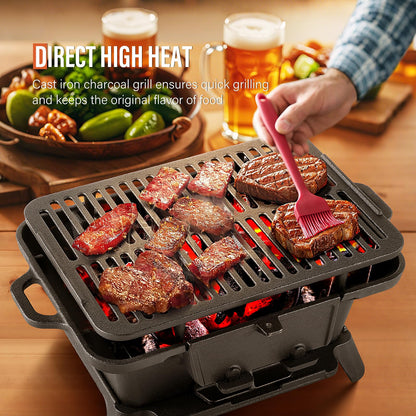 Hibachi Grill Outdoor, Portable Mini Charcoal Grill, 100% Pre-Seasoned Cast Iron, Small Japanese Yakitori Tabletop Skillet Grill Stove for Outdoor Camping