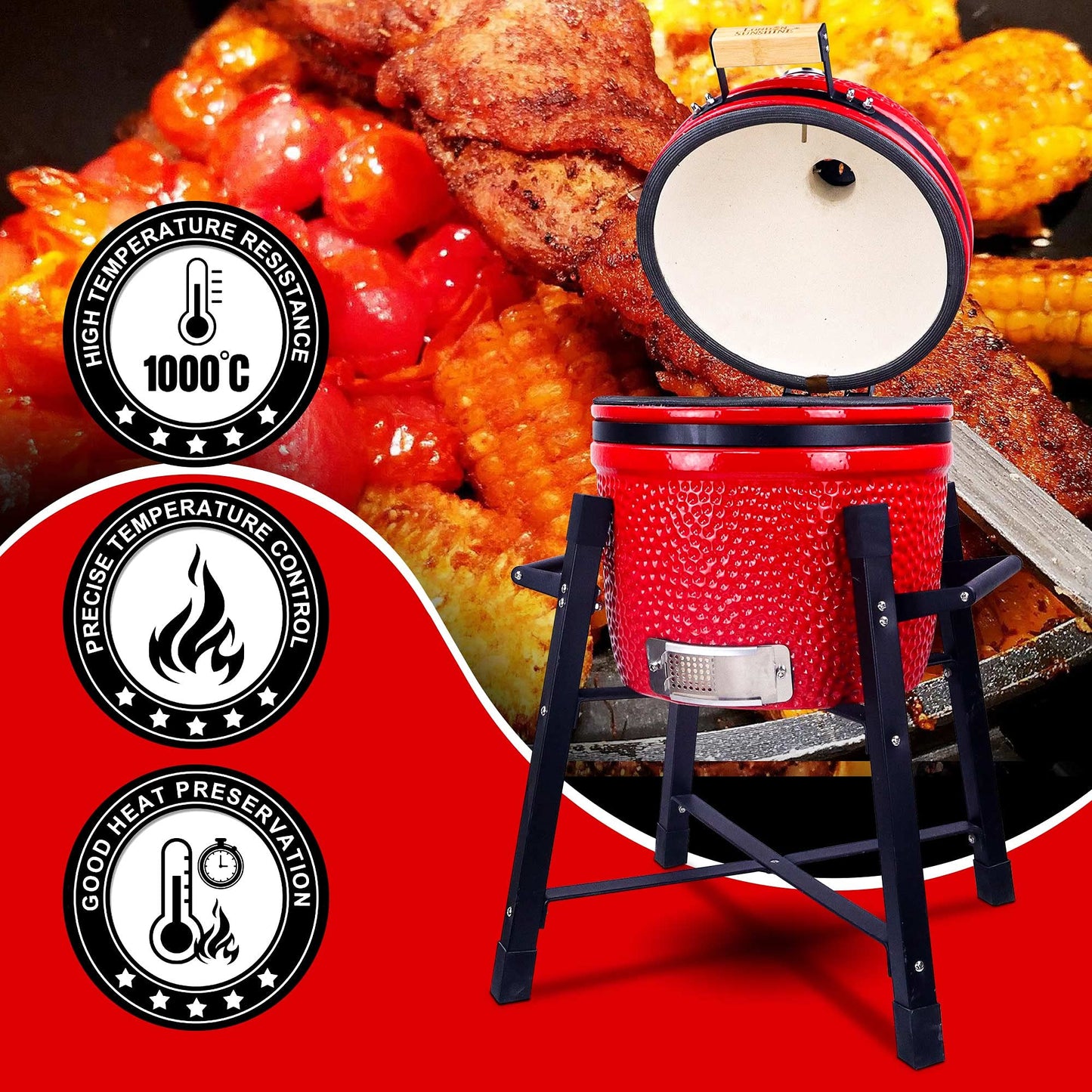 London Sunshine Ceramic Kamado Charcoal BBQ Grill and Smoker, Stainless Steel Grates -15" Ceramic with Tall Stand (RED)