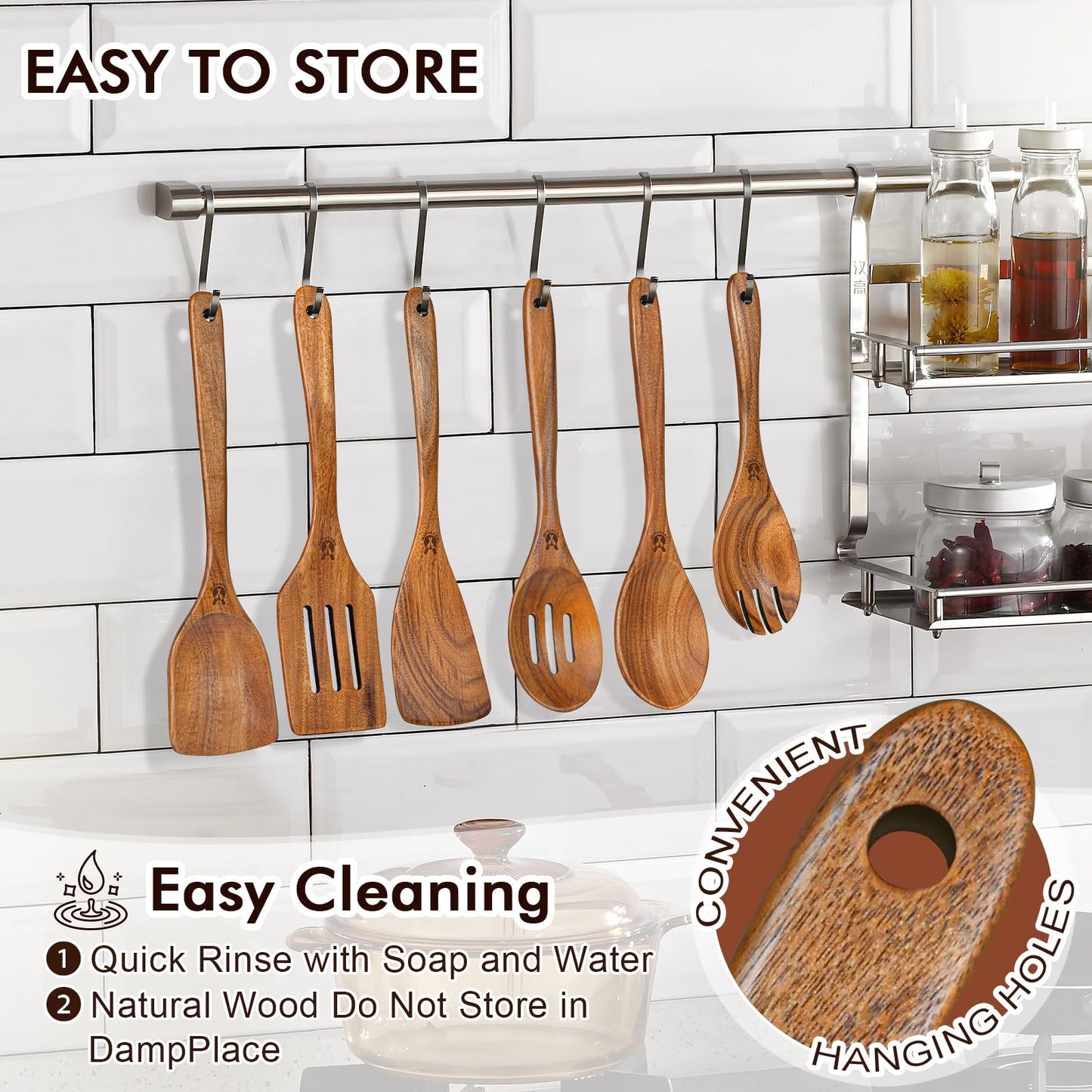 Wooden Spoons for Cooking, 6 Pcs Natural Teak Wooden Kitchen Utensils Set, Cooking Utensils Set with Long & Comfort Grip, Wooden Spoons Spatula Set Perfect for Non-Stick Cookware