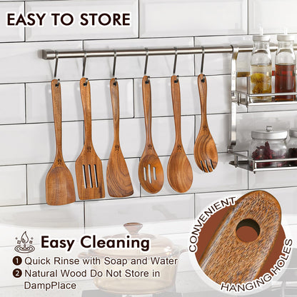 Wooden Spoons for Cooking, 6 Pcs Natural Teak Wooden Kitchen Utensils Set, Cooking Utensils Set with Long & Comfort Grip, Wooden Spoons Spatula Set Perfect for Non-Stick Cookware