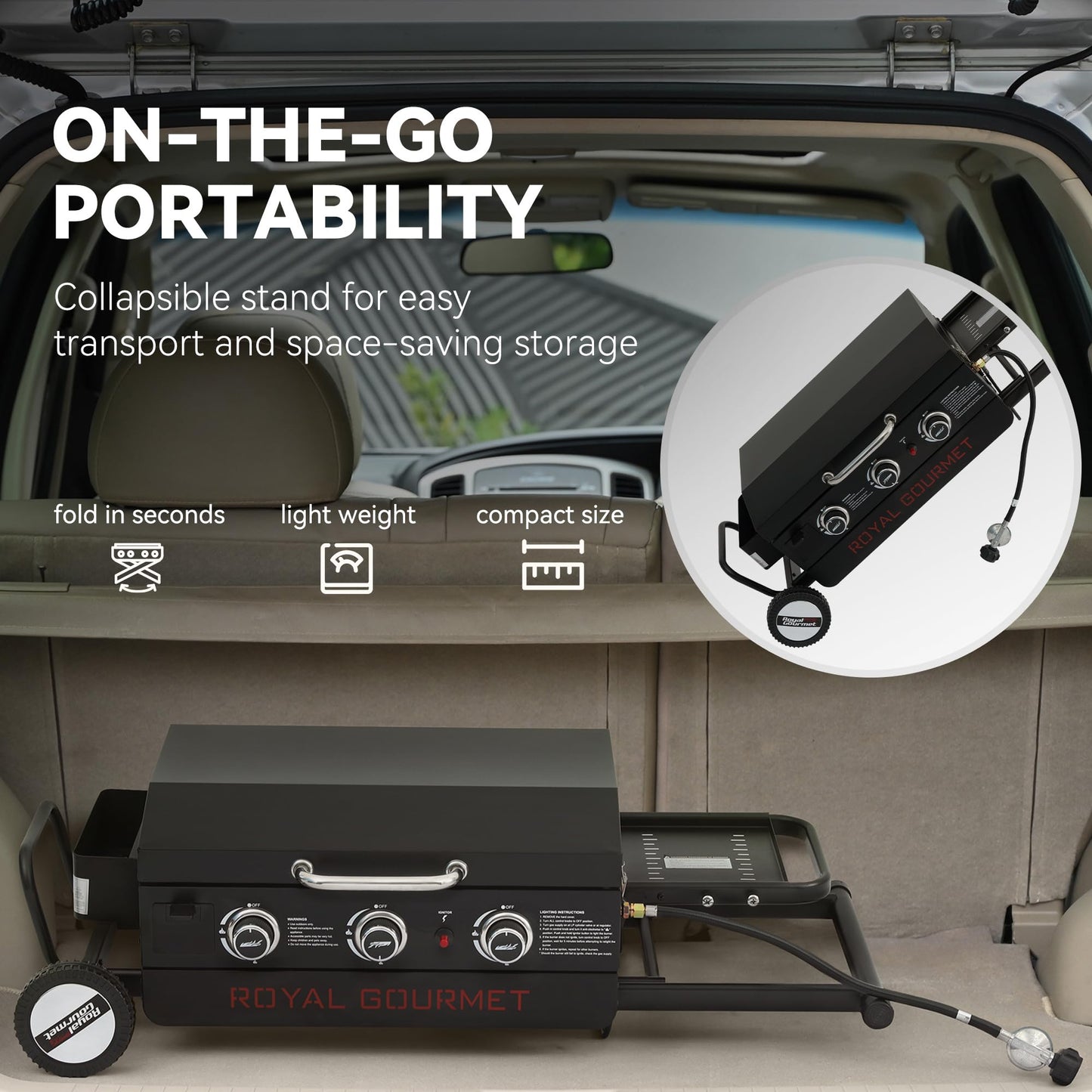 Royal Gourmet PD3001 3-Burner Propane Gas Griddle with Collapsible Stand, 23-Inch Portable Griddle with Side Table & 314 Sq. In. Cooking Area for Camping, Tailgating, Backyard & Patio, Black