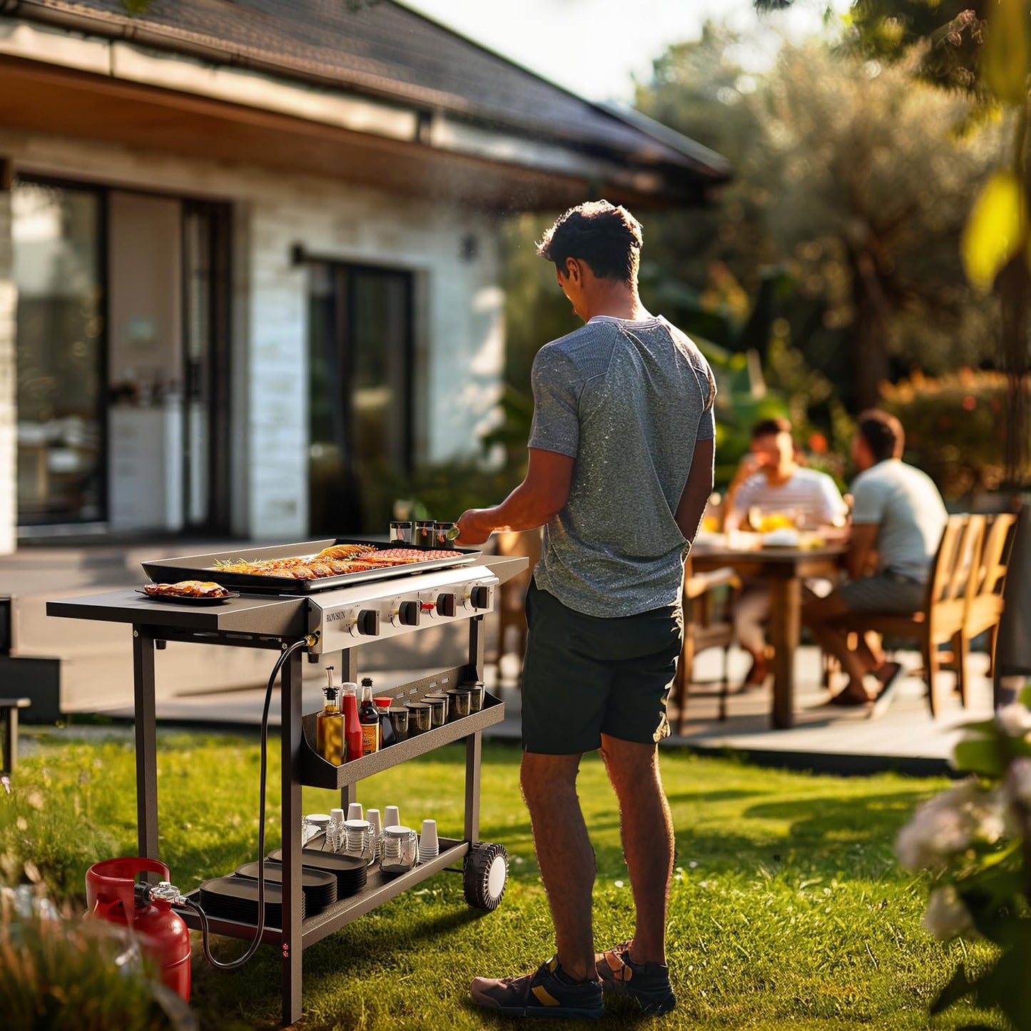 ROVSUN 4 Burner Portable Propane Griddle with Nonstick Enameled Tray, 40000 BTU Rolling Flat Top Gas Grill with Electronic Ignition, Side Shelves & Regulator for Outdoor Cooking Camping BBQ Tailgating