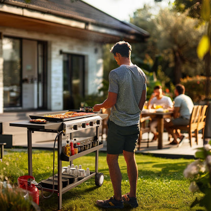 ROVSUN 4 Burner Portable Propane Griddle with Nonstick Enameled Tray, 40000 BTU Rolling Flat Top Gas Grill with Electronic Ignition, Side Shelves & Regulator for Outdoor Cooking Camping BBQ Tailgating