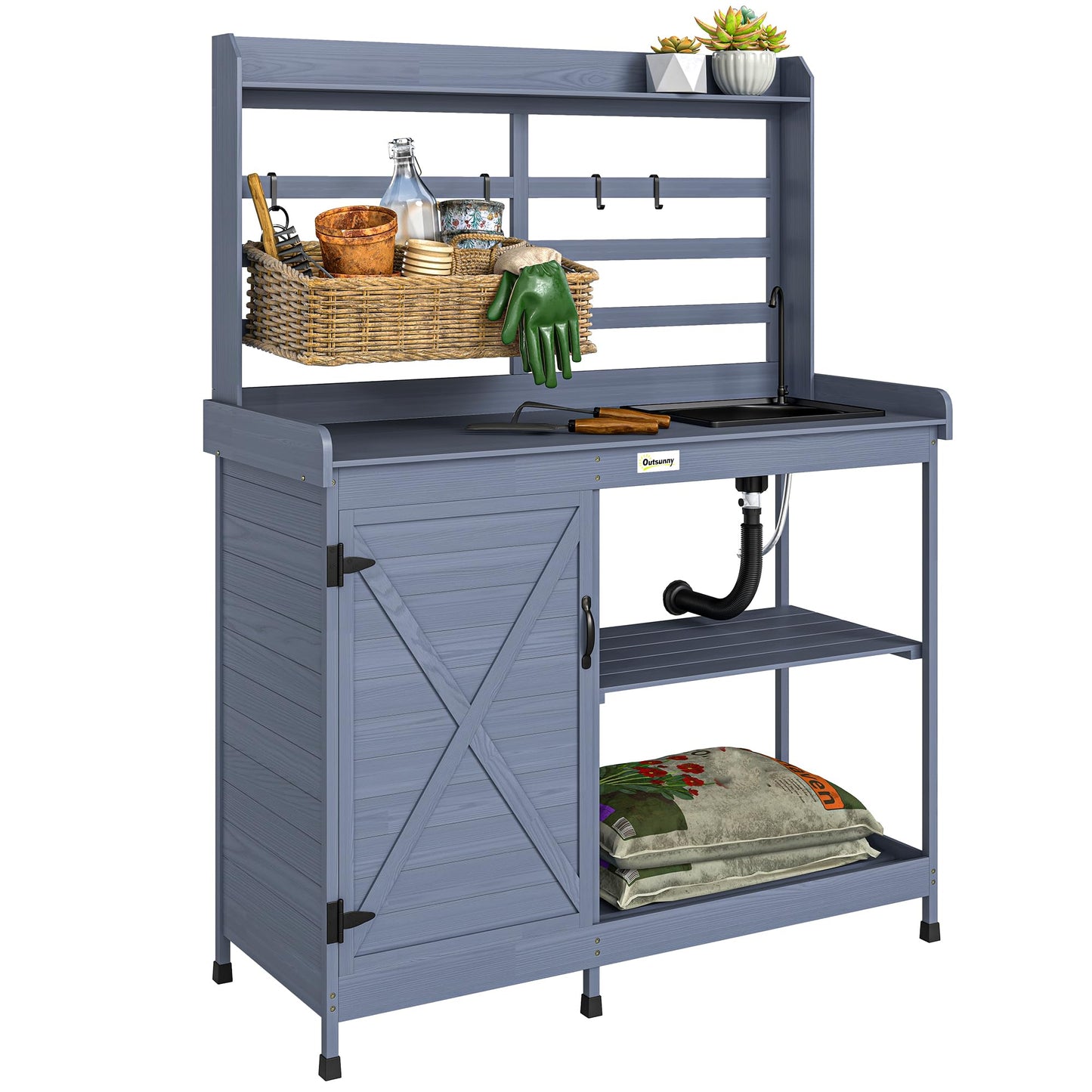 Outsunny Outdoor Wooden Potting Bench Table with Sink and Water Tap, Garden Workstation with Storage Cabinet, Storage Shelves for Backyard, Patio, Balcony, Gray