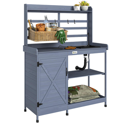 Outsunny Outdoor Wooden Potting Bench Table with Sink and Water Tap, Garden Workstation with Storage Cabinet, Storage Shelves for Backyard, Patio, Balcony, Gray
