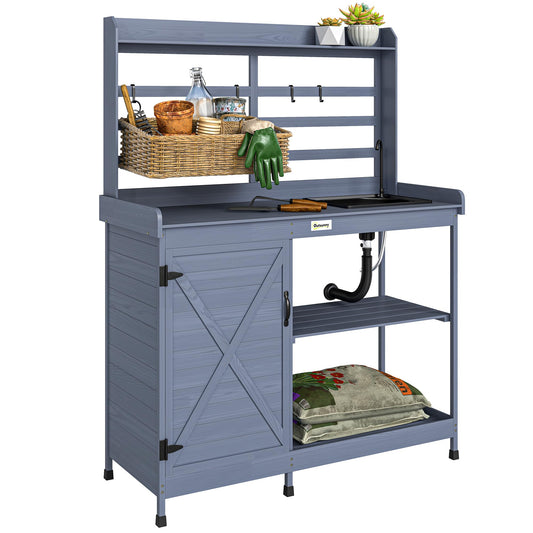 Outsunny Outdoor Wooden Potting Bench Table with Sink and Water Tap, Garden Workstation with Storage Cabinet, Storage Shelves for Backyard, Patio, Balcony, Gray