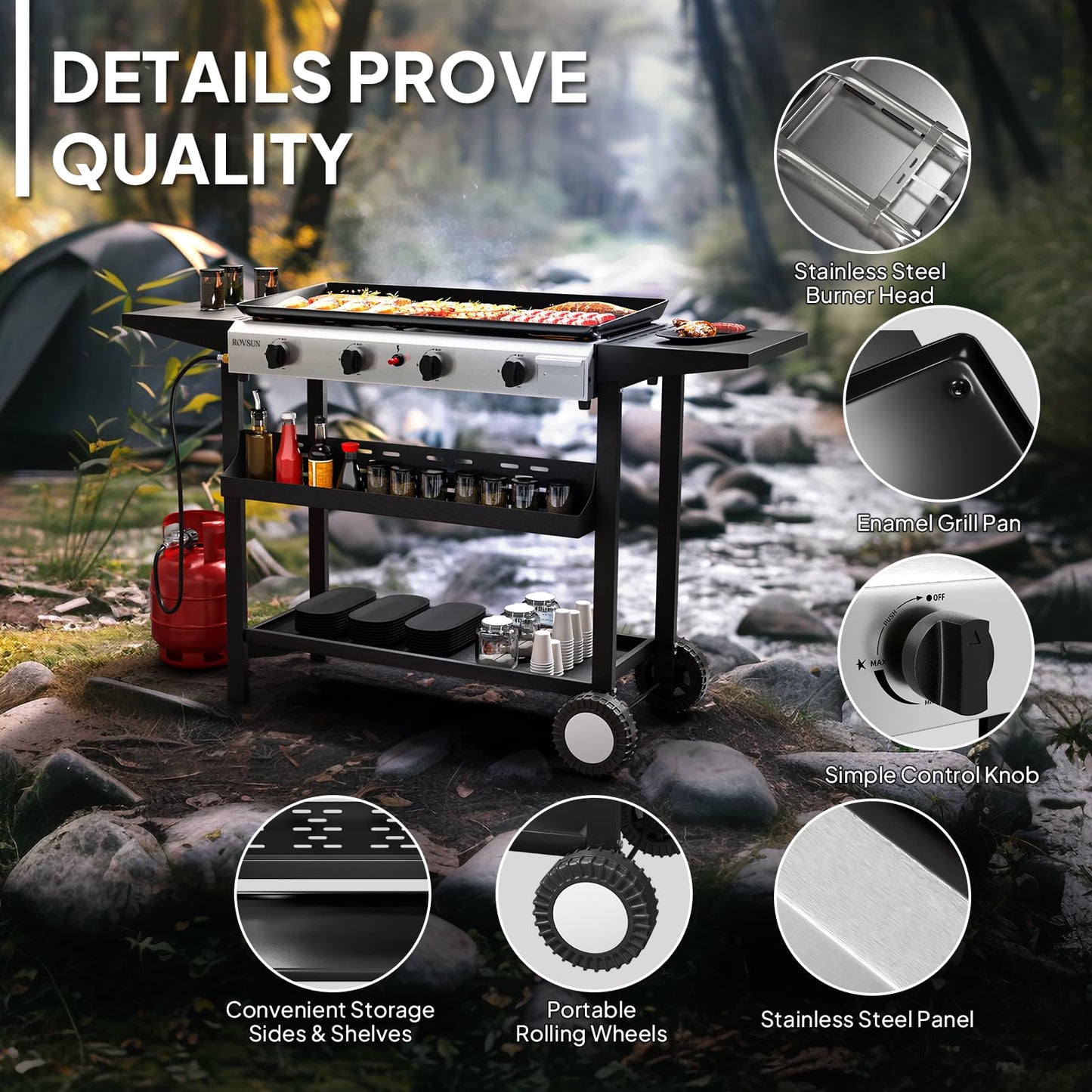 ROVSUN 4 Burner Portable Propane Griddle with Nonstick Enameled Tray, 40000 BTU Rolling Flat Top Gas Grill with Electronic Ignition, Side Shelves & Regulator for Outdoor Cooking Camping BBQ Tailgating