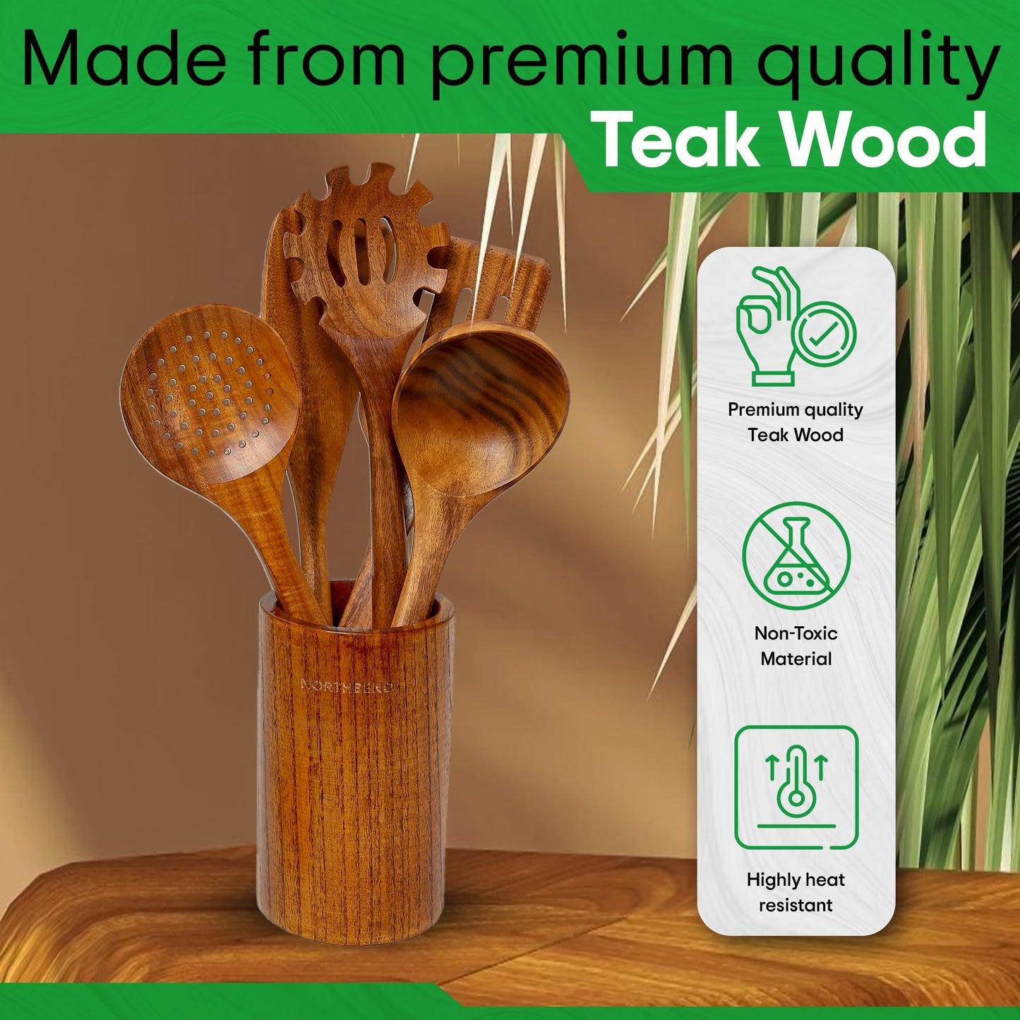 Wooden Kitchen Utensil Set - Teak Wood Cooking Utensil Sets Include Wooden Utensil Holder, Wooden Spatula, Spaghetti Spoon, Cleaning Brush & More - Durable Heat Resistant Wood Utensils Set for Cooking