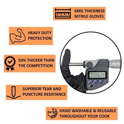 HDMNDD Black Disposable BBQ Gloves Kit - 50 Heavy Duty Full Textured Grip and 2 Heat Resistant Reusable Glove Liners for BBQ, Grilling, Meat Gloves for Pulling Meat