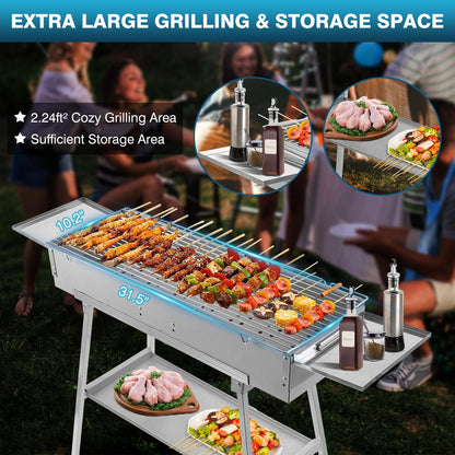 IRONWALLS Portable Charcoal Grill Outdoor Cooking, 32”L x 10”W Folded Camping Barbecue Grill with Storage Shelf, Metal Kebab Skewers, Rectangular Lamb Skewer Grill for Backyard Party Picnic Travel