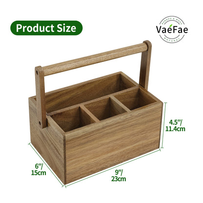 VaeFae Acacia Silverware Caddy with Handle, Wooden Utensil Holder, Mulip-pose Organizer for Kitchen, Office, Bathroom, Bedroom