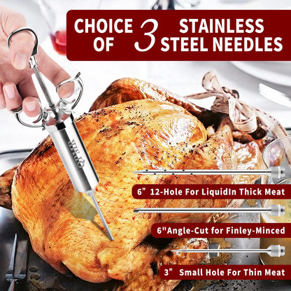 QPMR Meat Injector Syringe Kit, 2-oz Large Capacity Marinade Turkey Injector with 3pcs Stainless Steel Marinade Injector Needles for BBQ Grill Smoker & Turkey & Brisket