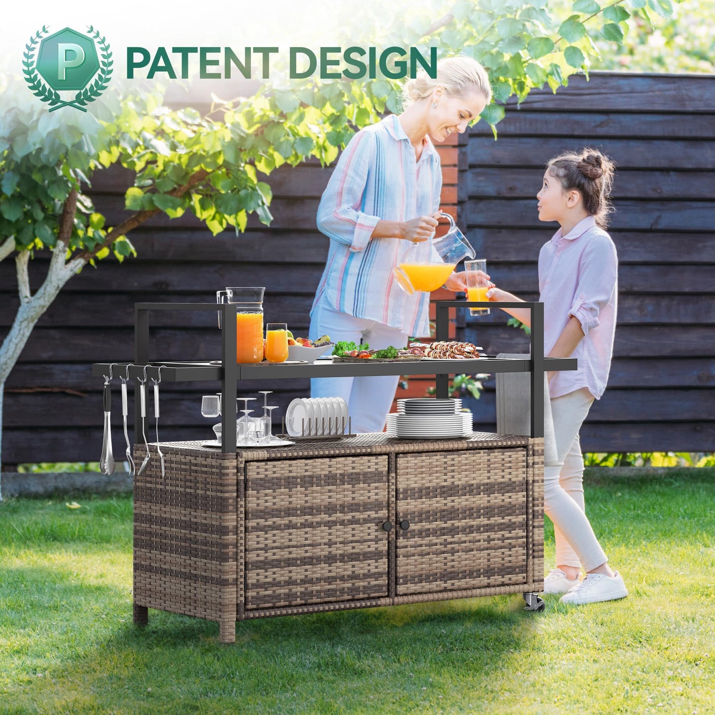 YITAHOME Large Outdoor Kitchen Wicker Island Rolling Cart & Patio Bar Table, w/Wheels and Black Glass Table Top Backyard and Poolside Light Brown