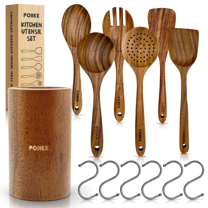 Pohex Teak Wood 12 Piece Kitchen Utensil Set with Wooden Holder/Barrel, 6 Gadgets Wooden Spatula, Spurtle, Slotted Spoon, Salad Spoon and Fork, Small Mixing Spoon and 6 Hooks Handmade Cookware No BPA