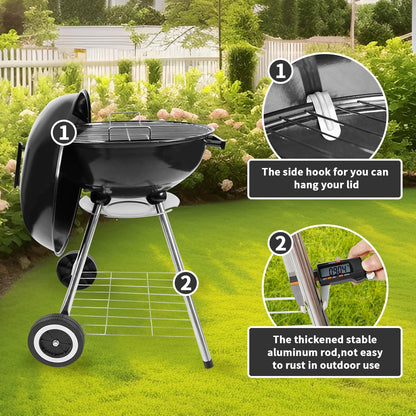paxlloonge 18 Inch Charcoal Grill, BBQ Kettle Grill with Enamel Lid & Ash Catcher, Portable Charcoal Grill for Outdoor Grill Camping and Small Patio Backyard, Includes Wheels for Easy Mobility