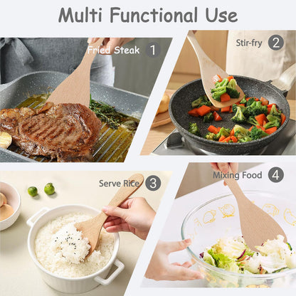 Wooden Spatula for Cooking, 13" Long Handle Flat Wood Spatulas Turner for Non Stick Cookware with 8.8’’ Uncoated Spurtle for Frying Mixing Kitchen Utensil Set 2 PCS