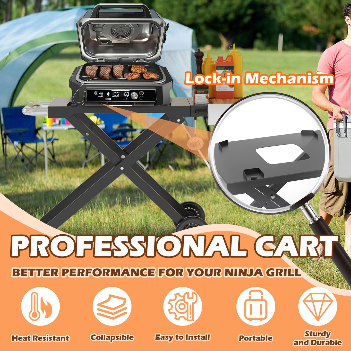 MOASKER Woodfire Outdoor Grill Stand for Ninja Woodfire OG700 Series, Collapsible Outdoor Grill Stand for Ninja OG701 OG751 Woodfire Accessories Portable Grill Cart with Wheels for Outside Camping