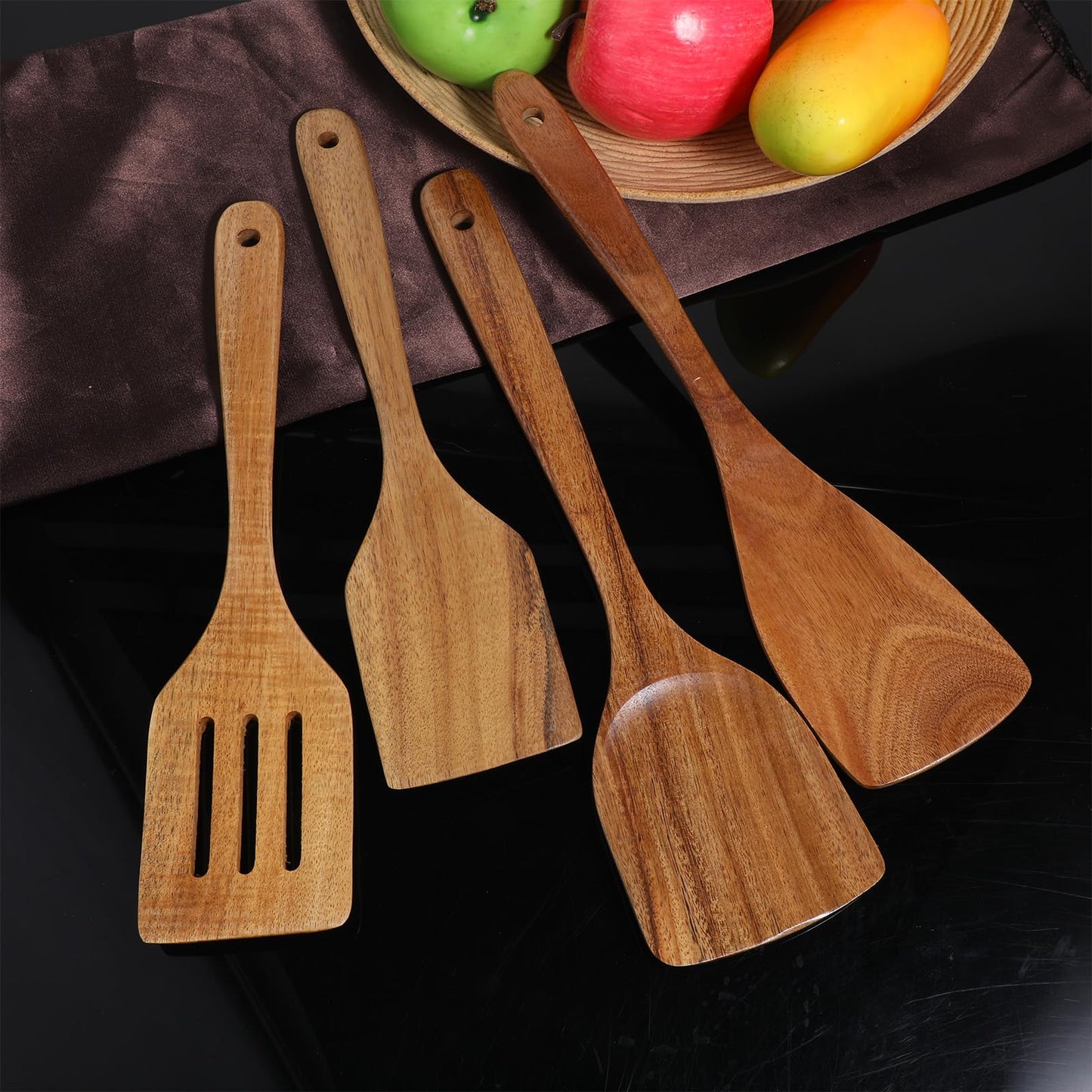 Wood Spatula for Cooking, 4 Pcs Natural Acacia Wood Kitchen Cooking Utensils Set for Nonstick Frying Pan, Slotted Turner Thin Flat Spurtle Scraper Spoons for Baking Mixing Scraping Fish Egg Flipper