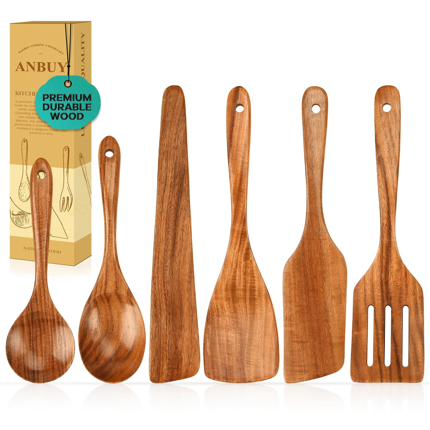 ANBUY Wooden Spoons for Cooking, 6Pcs Wood Kitchen Utensils Set, Mixing Heat Resistant Flat Spatulas and Spoons Set for Nonstick Cookware, Smooth Finish, Non-Stick, Comfortable Grip Kitchen Utensils