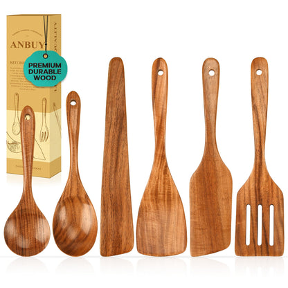 ANBUY Wooden Spoons for Cooking, 6Pcs Wood Kitchen Utensils Set, Mixing Heat Resistant Flat Spatulas and Spoons Set for Nonstick Cookware, Smooth Finish, Non-Stick, Comfortable Grip Kitchen Utensils