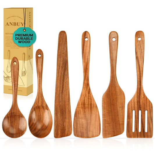 ANBUY Wooden Spoons for Cooking, 6Pcs Wood Kitchen Utensils Set, Mixing Heat Resistant Flat Spatulas and Spoons Set for Nonstick Cookware, Smooth Finish, Non-Stick, Comfortable Grip Kitchen Utensils