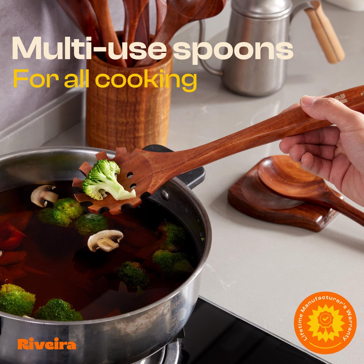 Riveira Dark Teak Kitchen Utensils Set - 12-Piece Non-Toxic Cooking Utensils Set - Wooden Spoons for Cooking - Spatula for Cooking - Teak Wooden Utensils