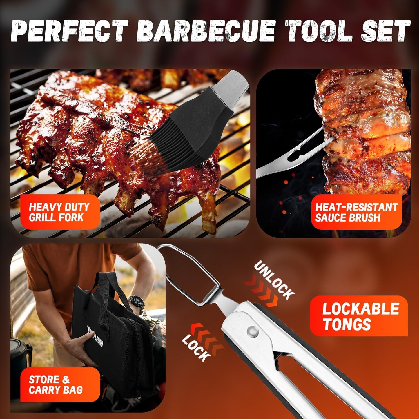 PURPLEBIRD Grill Set for Outdoor Grill 6 pcs - Heavy Duty Grilling Tools Set with Extra Long Handle, Stainless Grilling Accessories for Dad Gifts with Travel Bag, BBQ Utensils Kit for Outdoor Camping