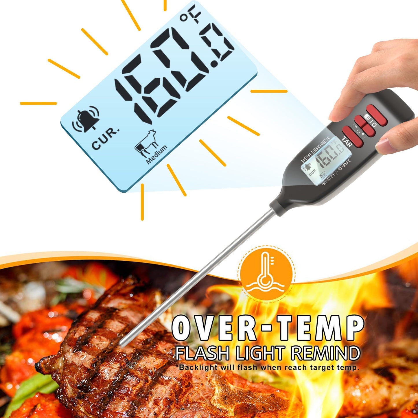 Antonki Meat Thermometer Digital, Smart Instant Read Food Thermometer with Super Long Probe for Cooking Grilling Baking Kitchen Candy BBQ Oil Liquid, Backlit Display, Battery Included