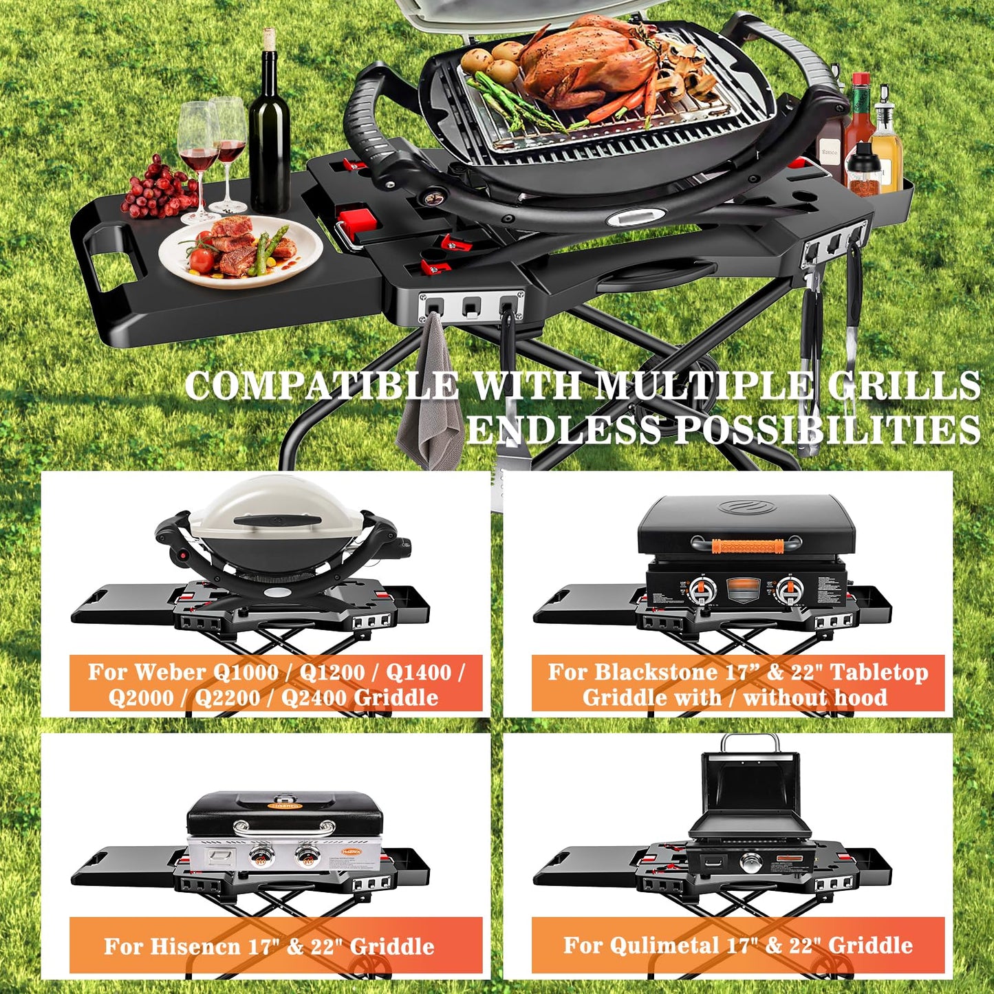 Hisencn Grill Stand for Weber Q1200, Q1000, Q2200, Q2400, Q2000 Series, Portable Grill Cart for Blackstone 17" 22" Table Top Griddles, Outdoor Grill Stand for Weber Grill,Griddle Stand for Blackstone