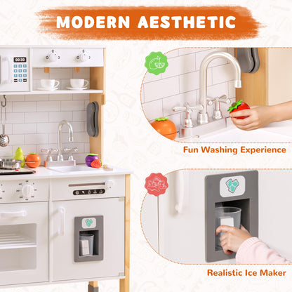 PHGLL Play Kitchen for Kids Wooden Kitchen Toy Playset w/Light and Clicking Knobs, Chef Pretend Play Set w/Microwave, Oven, Coffee Machine, Ice Maker, Telephone, Toy Kitchen Set for Toddlers (White)