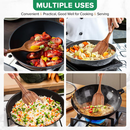 Teak Wood Spatula for Cooking, Wooden Kitchen Cooking Utensil, Large Long Handle Solid Wok Spatula Flipper with Raised Sides for Serving Scooping Frying Mixing Stirring Eggs Beans,Non-Toxic,13.4″,1Pk