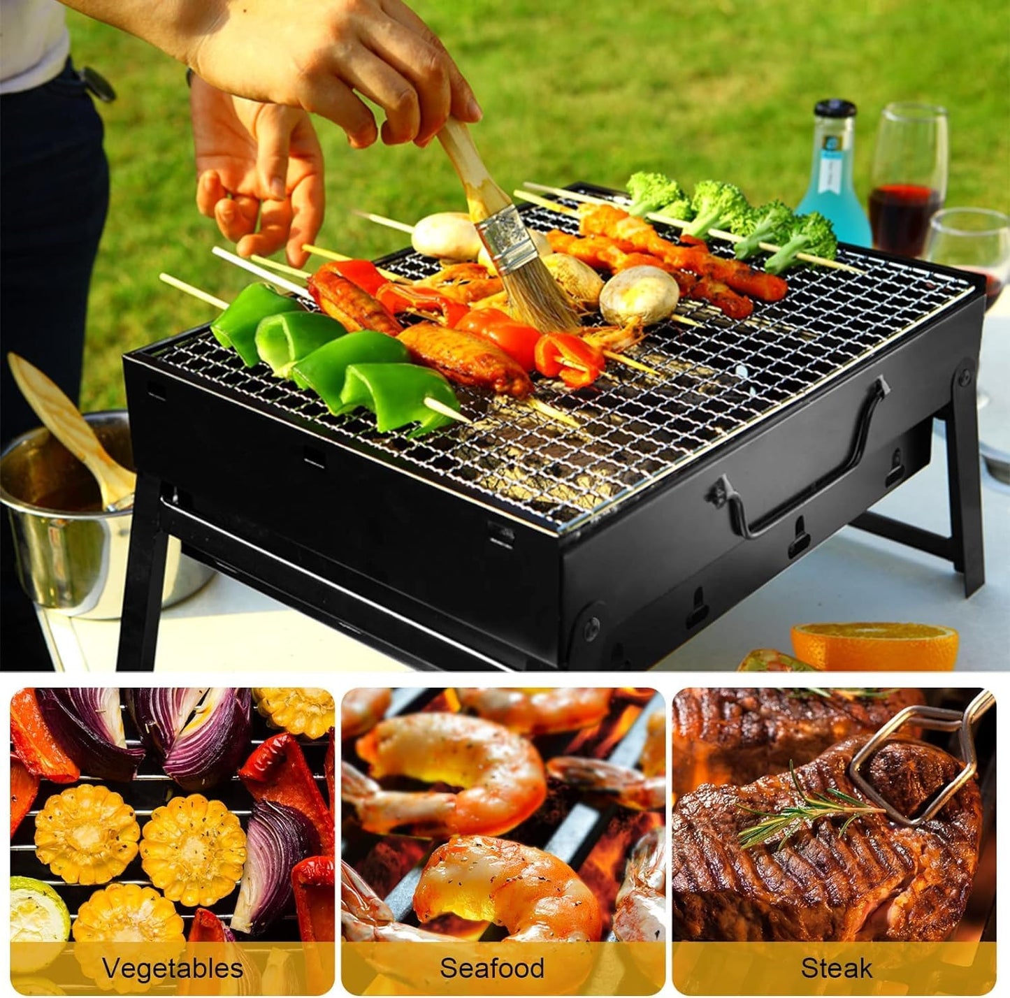 SURPZON Portable Charcoal BBQ Grill - Folding Smoker, Perfect for Camping, Picnics, Garden & Beach Parties, Black