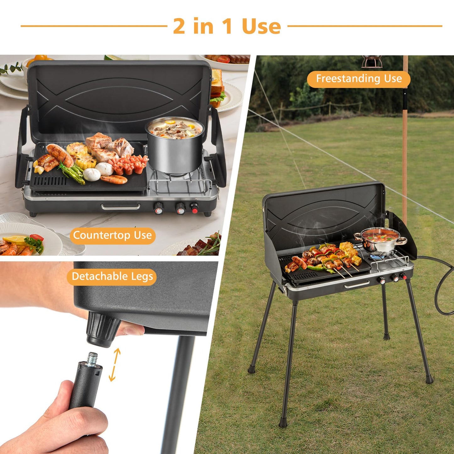 Giantex Portable Propane Grill & Camping Stove, 20,000 BTU Gas Camping Grill Burner, Independent Temperature Control, 3-Sided Wind Guard, Detachable Legs, for BBQ, Tailgating, Outdoor Cooking (Black)