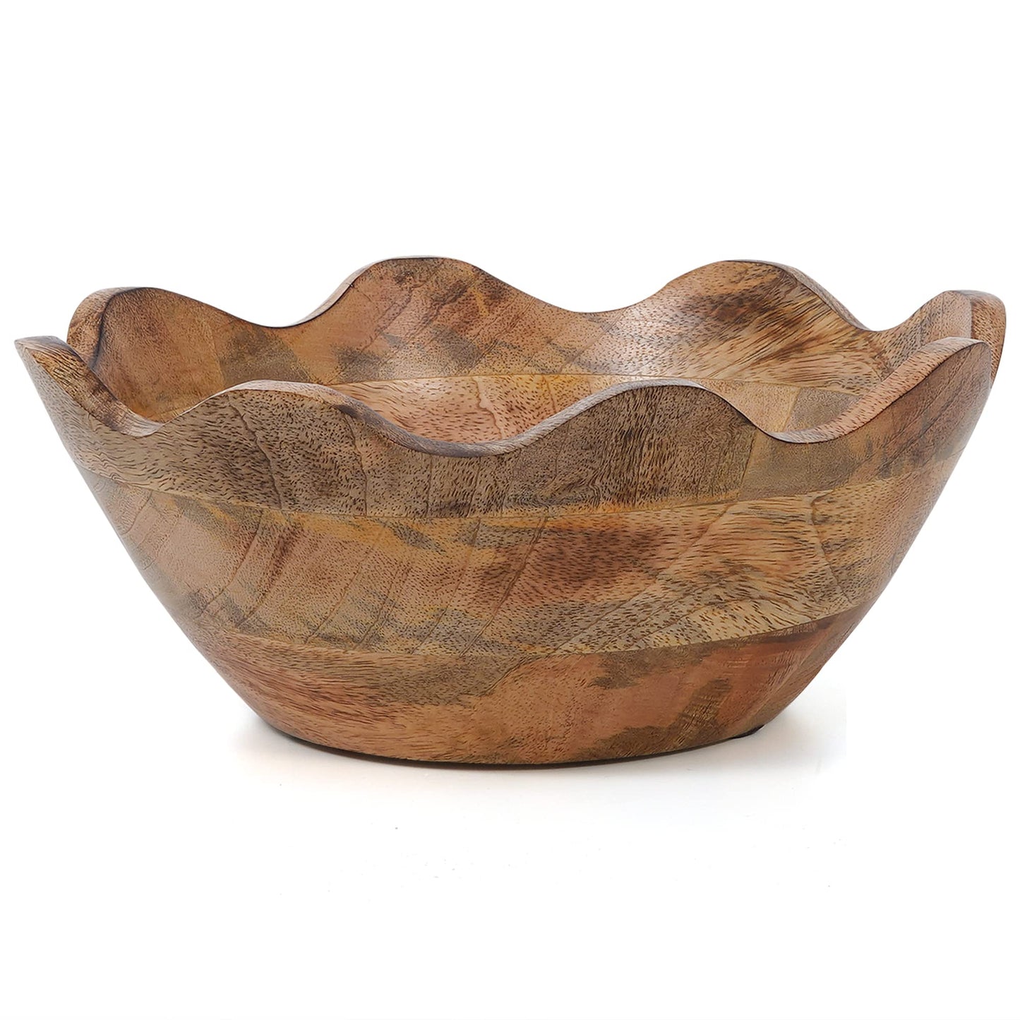 Mela Artisans Wooden Scalloped Bowl - Medium | Ruffle Decorative Style | Rustic Kitchen Decor | Mango Wood | Natural Grain Finish | Fits Bread, Fruits, Salad or Popcorn | 10” x 4” x 9”