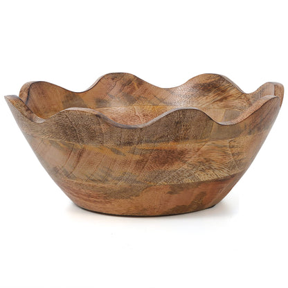 Mela Artisans Wooden Scalloped Bowl - Medium | Ruffle Decorative Style | Rustic Kitchen Decor | Mango Wood | Natural Grain Finish | Fits Bread, Fruits, Salad or Popcorn | 10” x 4” x 9”