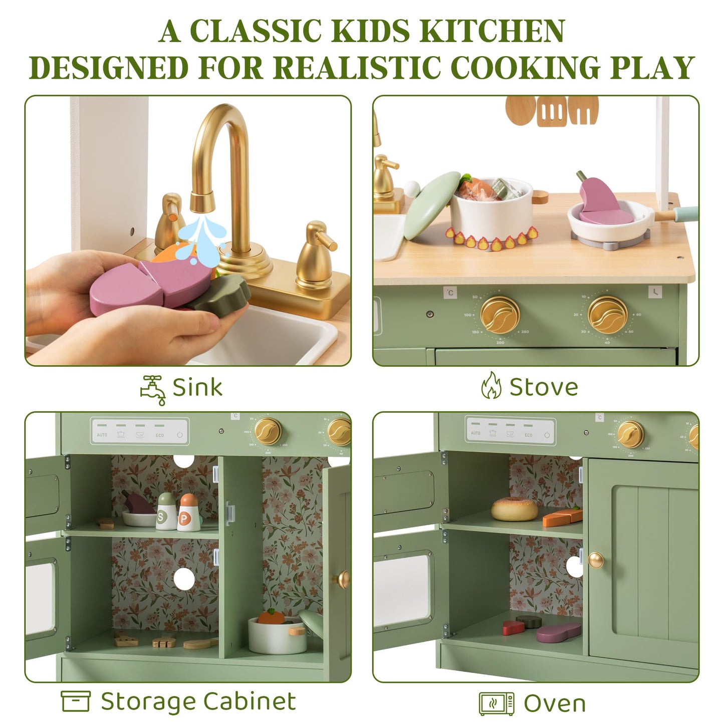 ROBUD Wooden Play Kitchen Set for Kids, Pretend Play Kitchen Toy Set with Golden Faucet, Sink, Oven, Stove, Cabinet, Vintage Style, Gift for Boys & Girls Ages 3+ (Green)