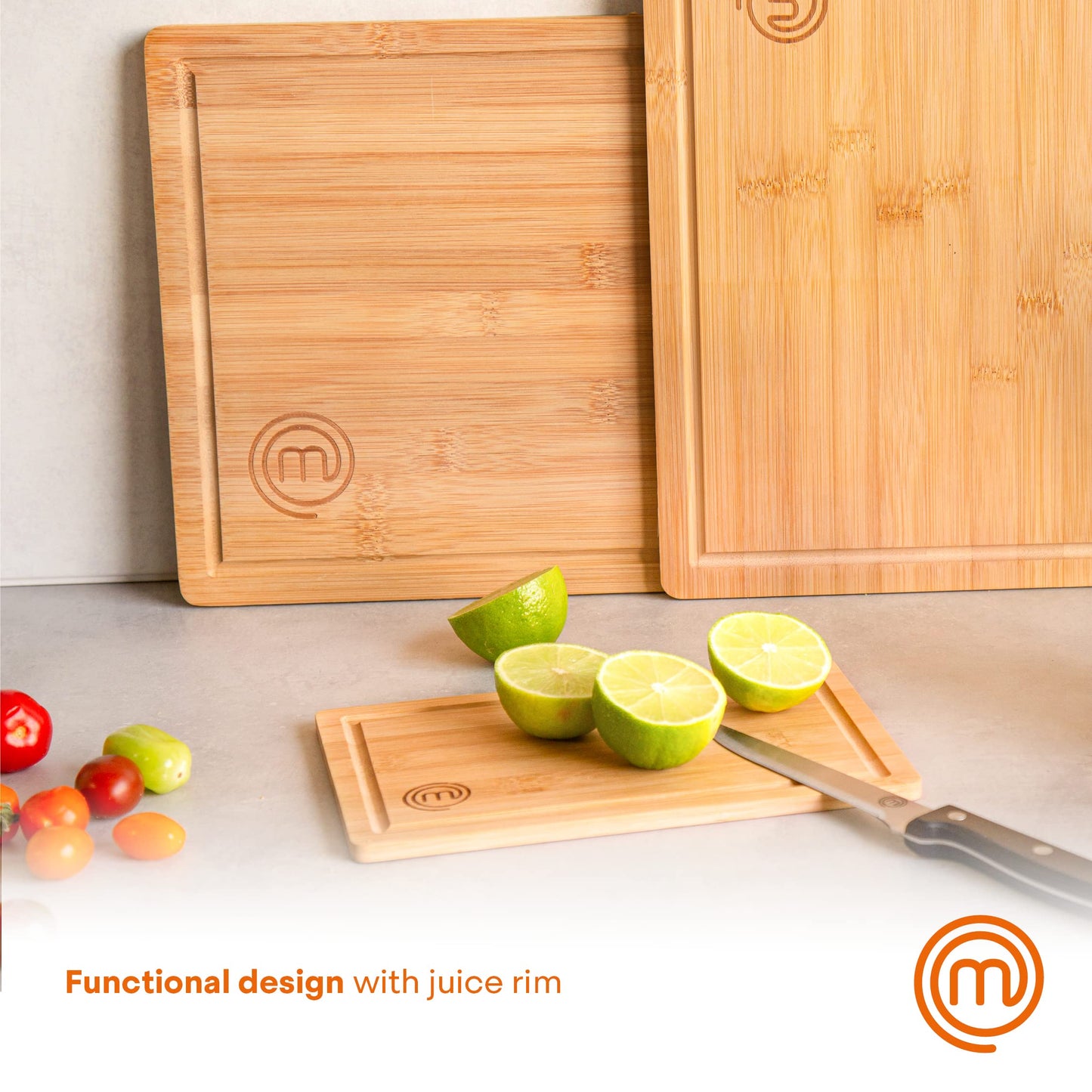 MasterChef Bamboo Cutting Boards for Kitchen, Wooden Cutting Board Set of 3, Natural, Organic & Food Safe Surface, Reversible Large, Medium & Small Wooden Chopping Boards with Juice Grooves