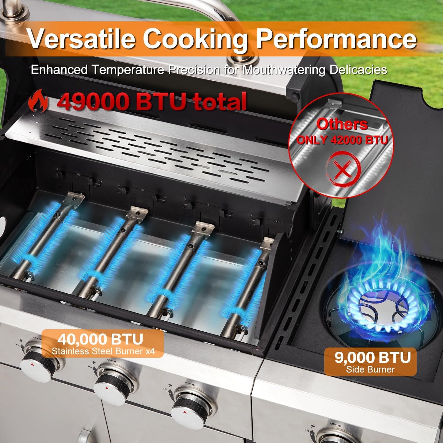 4-Burner Propane Gas Grill with Side Burner & Cabinet - 49,000 BTU Stainless Steel BBQ Grill, Porcelain-Enameled Cast Iron Grates for Outdoor Cooking, Patio & Backyard