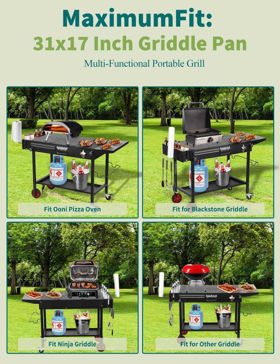 FATOK Portable Grill Cart Table with Wheels, for 17-22 Inch Blackstone Griddle Stand, Foldable BBQ Prep Station with Seasoning Tray