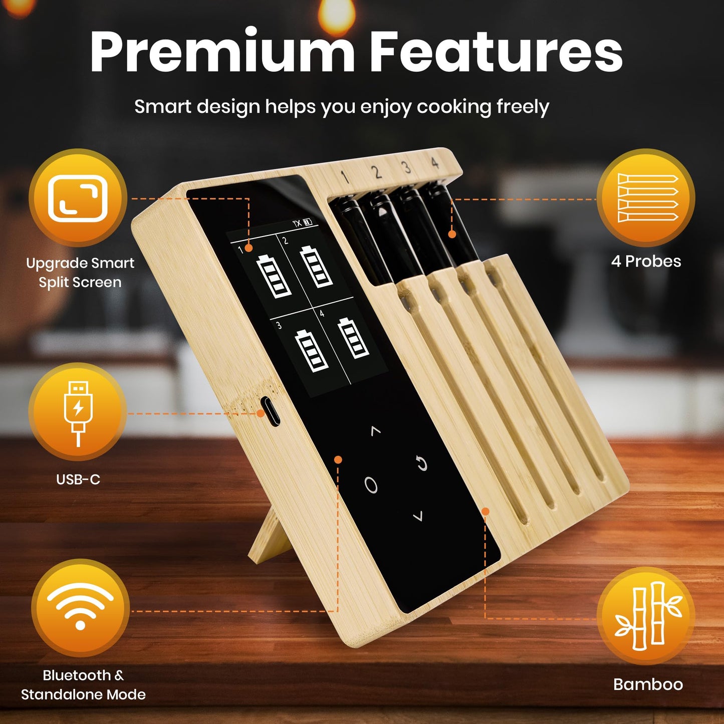 GMGH Smart Wireless Meat Thermometer | 4 Probes | Upgraded large LCD Display | Accurate & Stable | long-range Bluetooth App or Host Control for iOS & Android |BBQ,Oven,Grill,Smoker,Air Fryer,Sous Vide