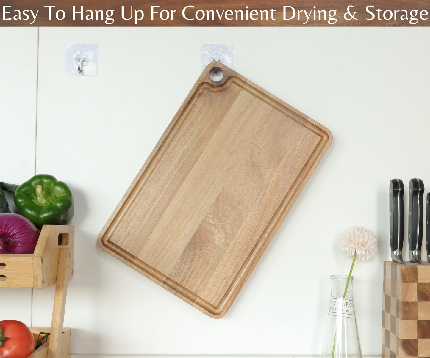 Timberro Acacia Wood Cutting Board - Solid Organic Wooden Meat Boards for Kitchen, Real Hardwood Chopping Butcher Block with Deep Juice Groove Well for Counter, Medium Countertop Blocks with Handle