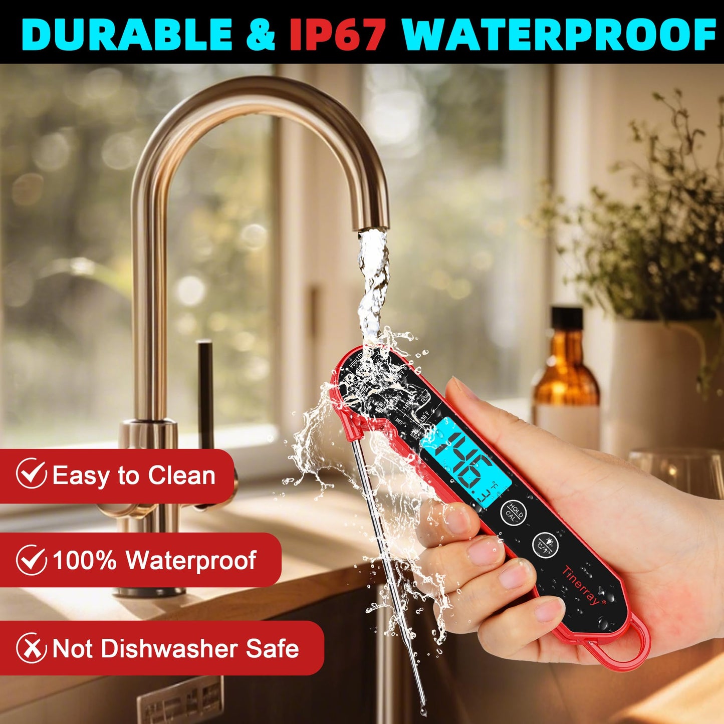 Digital Meat Thermometer for Cooking – Waterproof Instant Read Food Thermometer with Backlight & Calibration, Fast Read, Folding Probe for BBQ, Grill, Candy, Deep Fry, Kitchen, Liquids, Beef（Red）